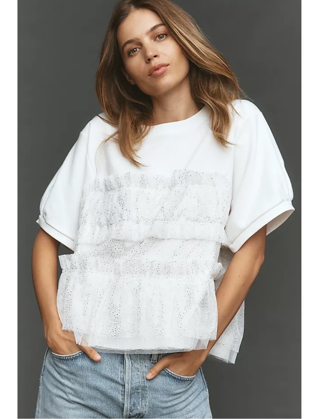Anthropologie Maeve Short Sleeve Smocked Ruffle Sweatshirt